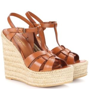 Yves Saint Laurent Tribute Brown Leather Espadrille Wedge Sandals